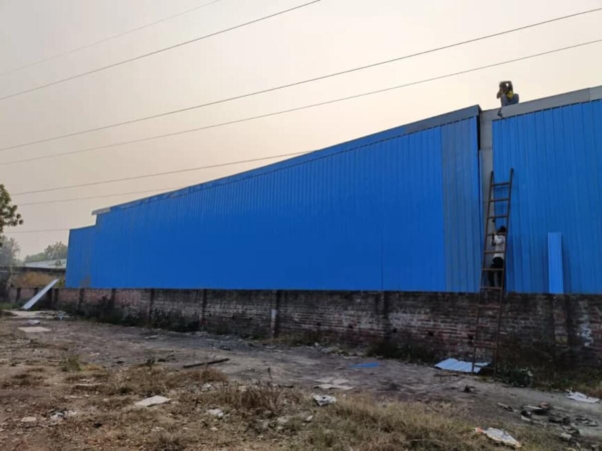 Blue industrial warehouse tin shed fabrication Delhi NCR — R.R Teen Set Solution